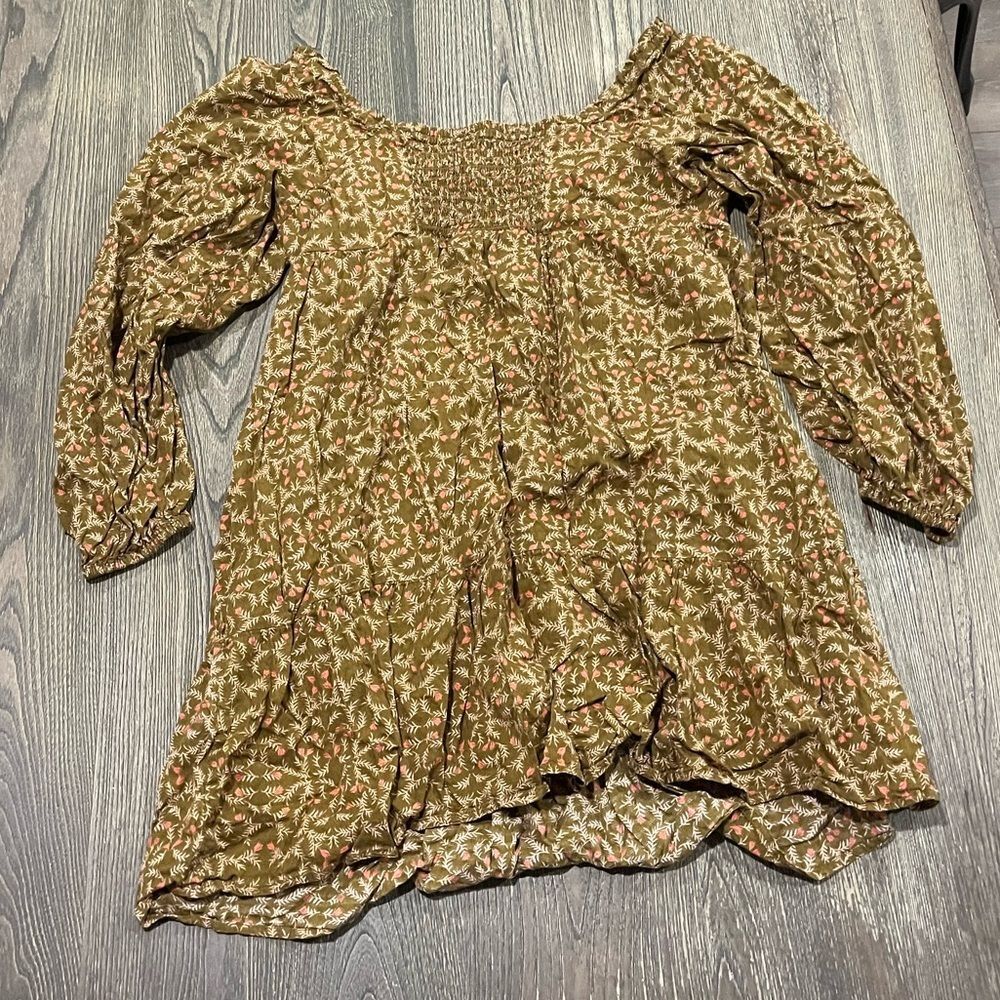 Universal Thread Mini Dress Long Sleeves Square Neck Puff Sleeve Floral Green XL